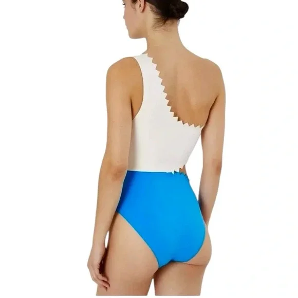 Onia Betty Cut Out One Shoulder One Piece Swimsuit Blue and White Size M NWT - Picture 3 of 11